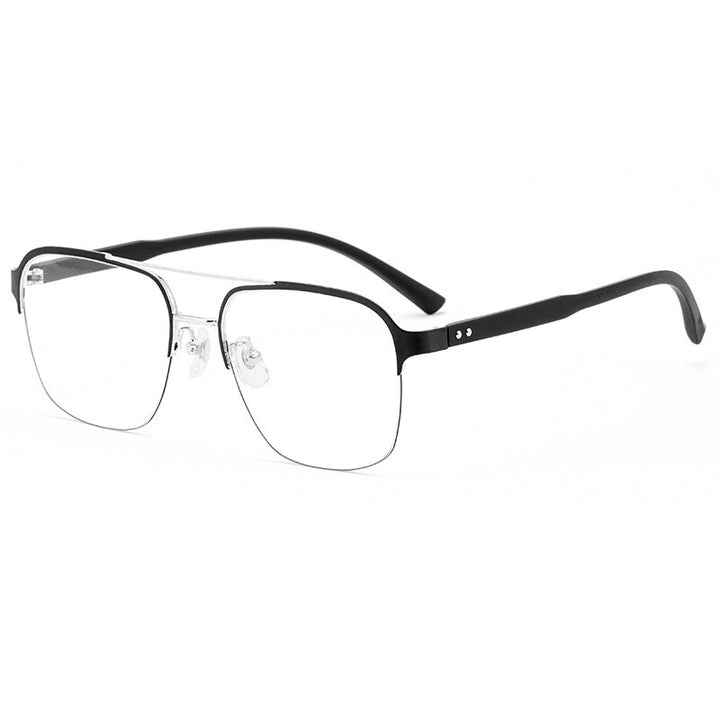 Hotochki Men's Semi Rim Square Double Bridge Titanium Eyeglasses Semi Rim Hotochki Black Silver