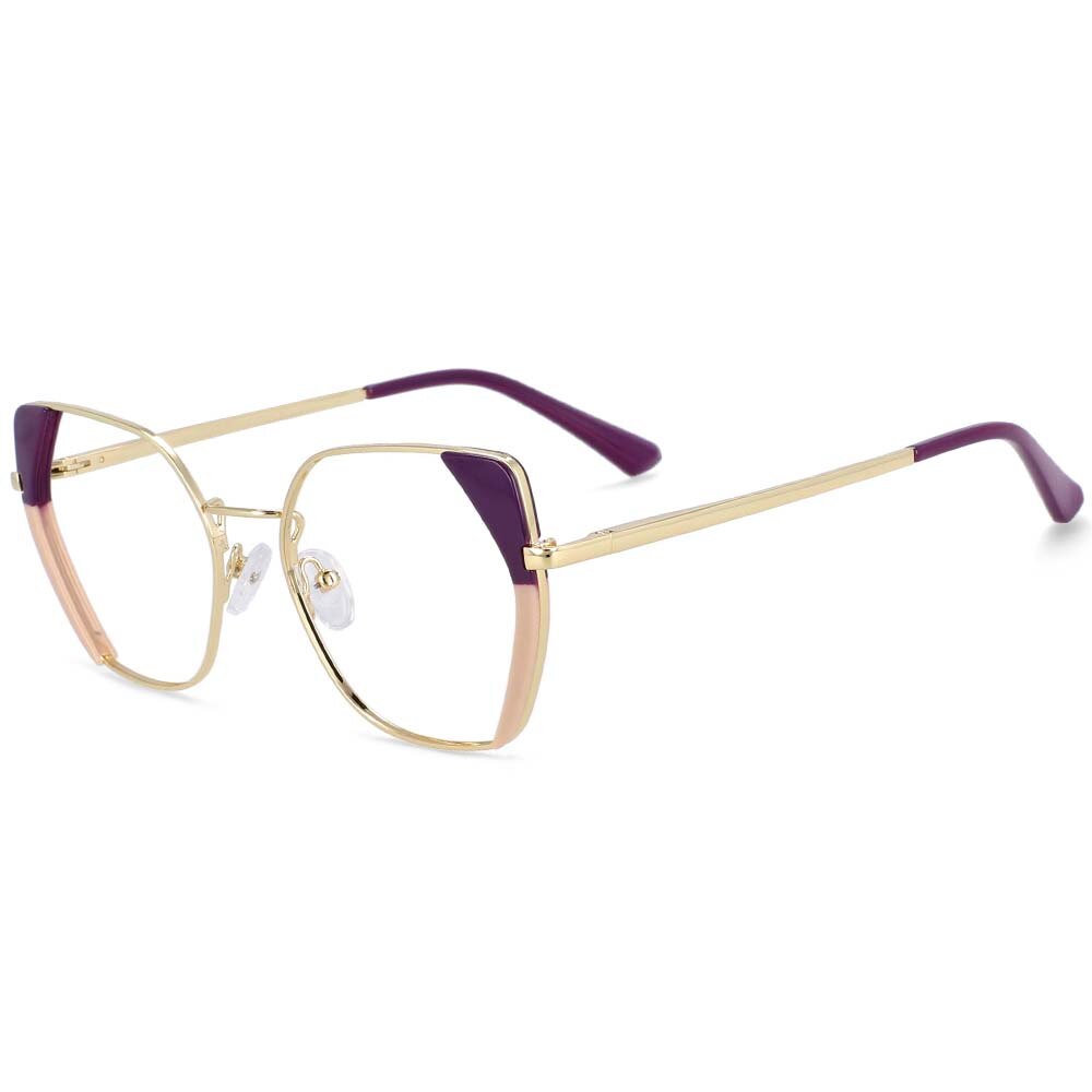 CCspace Women's Full Rim Polygonal Cat Eye Alloy Acetate Frame Eyeglasses 54175 Full Rim CCspace purple-pink