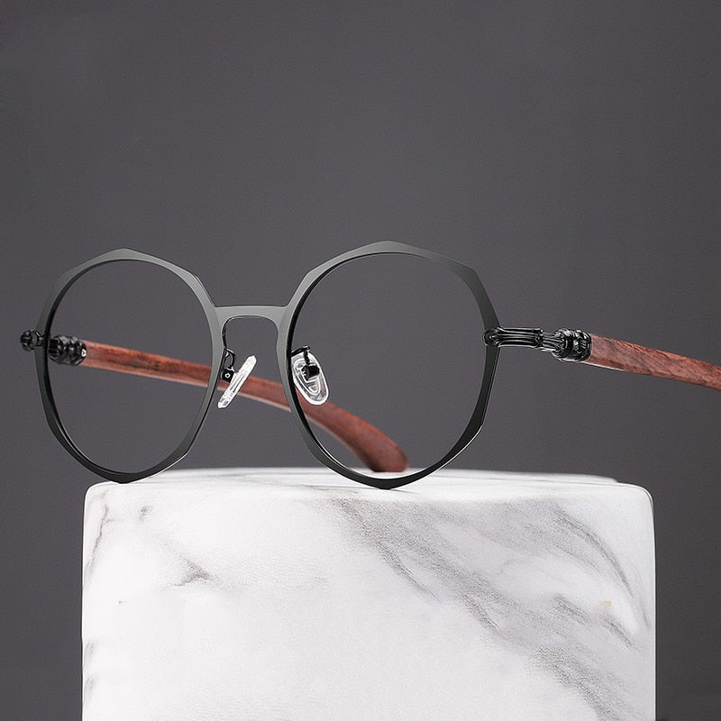 Hdcrafter Unisex Full Rim Polygon Titanium Frame Wood Temple Eyeglasses Full Rim Hdcrafter Eyeglasses