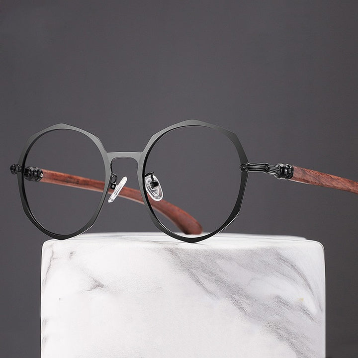 Hdcrafter Unisex Full Rim Polygon Titanium Frame Wood Temple Eyeglasses Full Rim Hdcrafter Eyeglasses