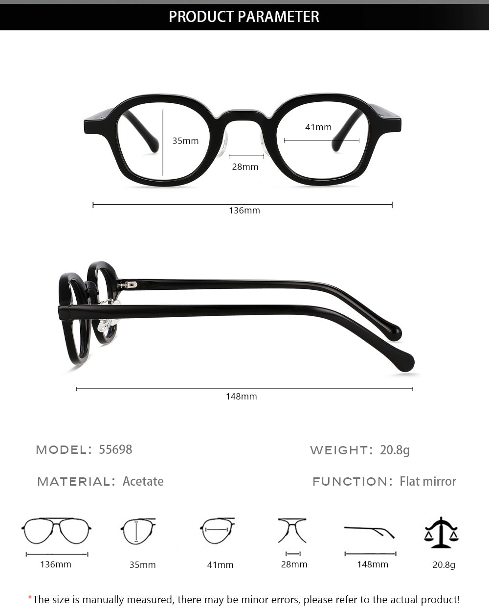 CCspace Unisex Full Rim Round Handcrafted Acetate Eyeglasses 55698 Full Rim CCspace