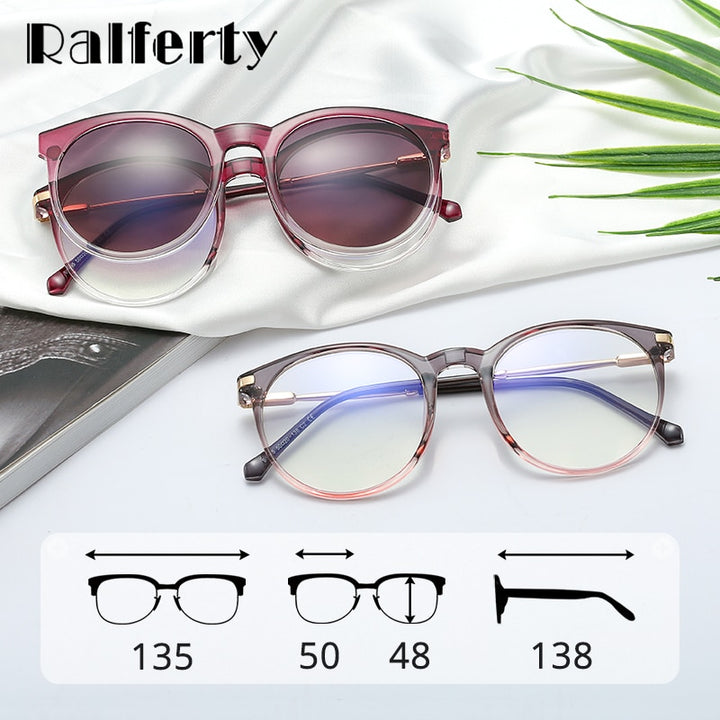 Ralferty Women's Full Rim Round Acetate Eyeglasses With Clip On Sunglasses F95975 With Clip Ons Ralferty