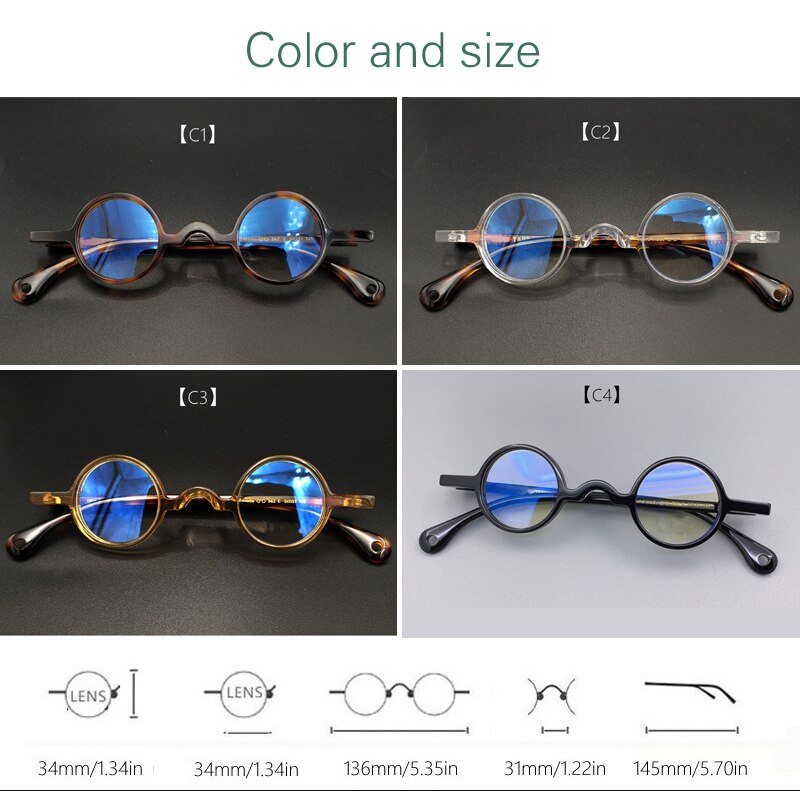 Yujo Unisex Full Rim Small Round 34mm Handcrafted Acetate Eyeglasses Full Rim Yujo