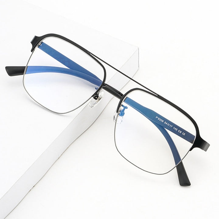 Hotochki Men's Semi Rim Square Double Bridge Titanium Eyeglasses Semi Rim Hotochki