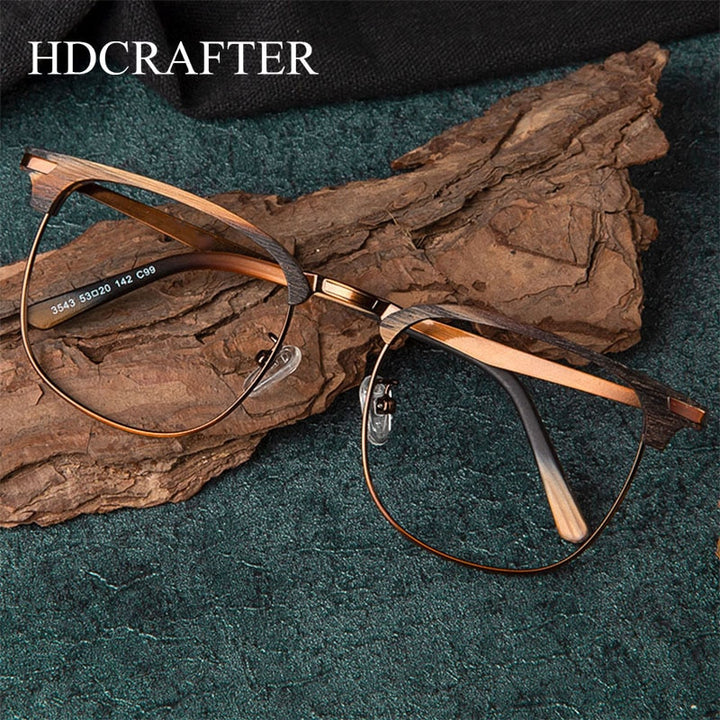 Hdcrafter Unisex Full Rim Oversized Round Square Wood Alloy Eyeglasses 3543 Full Rim Hdcrafter Eyeglasses