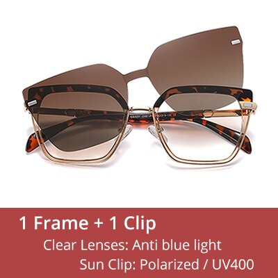 Ralferty Women's Full Rim Square Cat Eye Alloy Acetate Eyeglasses With Clip On Polarized Sunglasses With Clip Ons Ralferty C651 Leopard China As picture