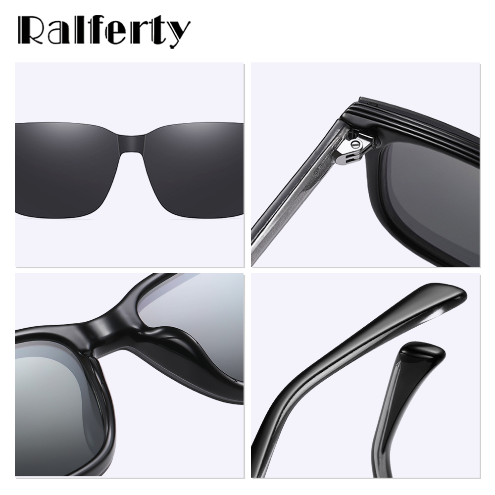 Ralferty Men's Full Rim Square Tr 90 Acetate Eyeglasses With Clip On Polarized Sunglasses D7201 With Clip Ons Ralferty