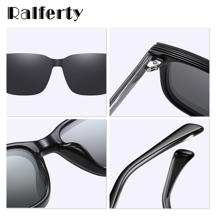 Ralferty Men's Full Rim Square Tr 90 Acetate Eyeglasses With Clip On Polarized Sunglasses D7201 With Clip Ons Ralferty