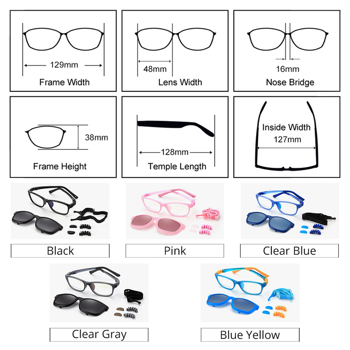 Ralferty  Unisex Children's Full Rim Square Acetate Eyeglasses With Polarized Clip On Sunglasses M18119 With Clip Ons Ralferty
