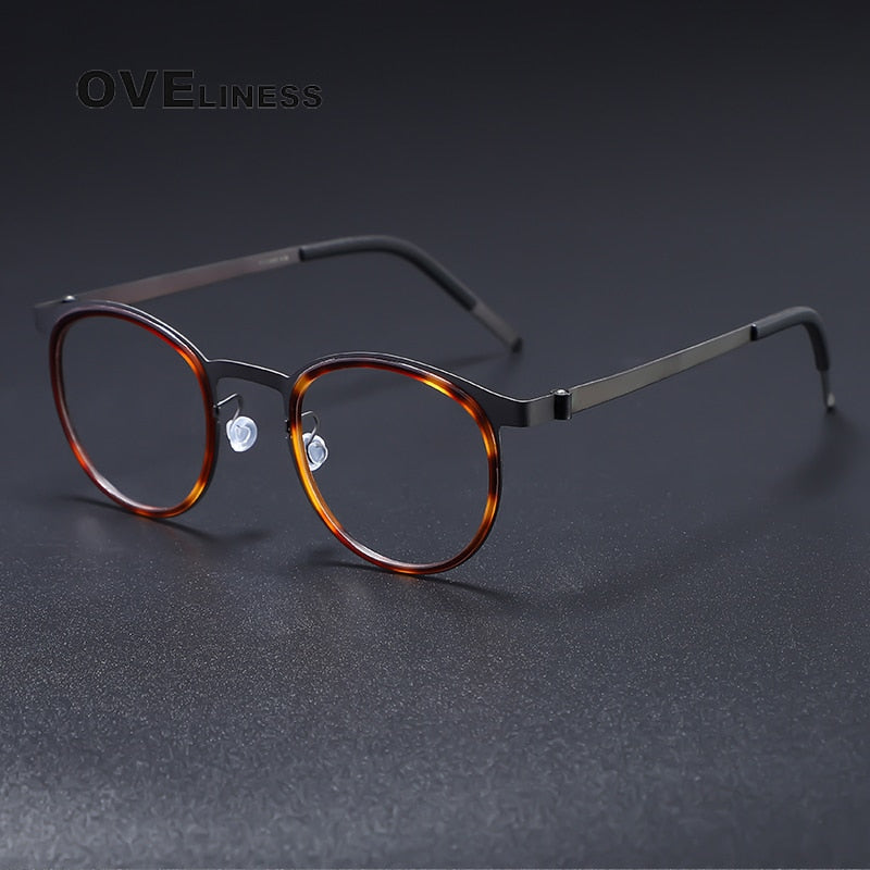 Oveliness Men's Full Rim Round Acetate Titanium Eyeglasses 9704 Full Rim Oveliness tortoise gun