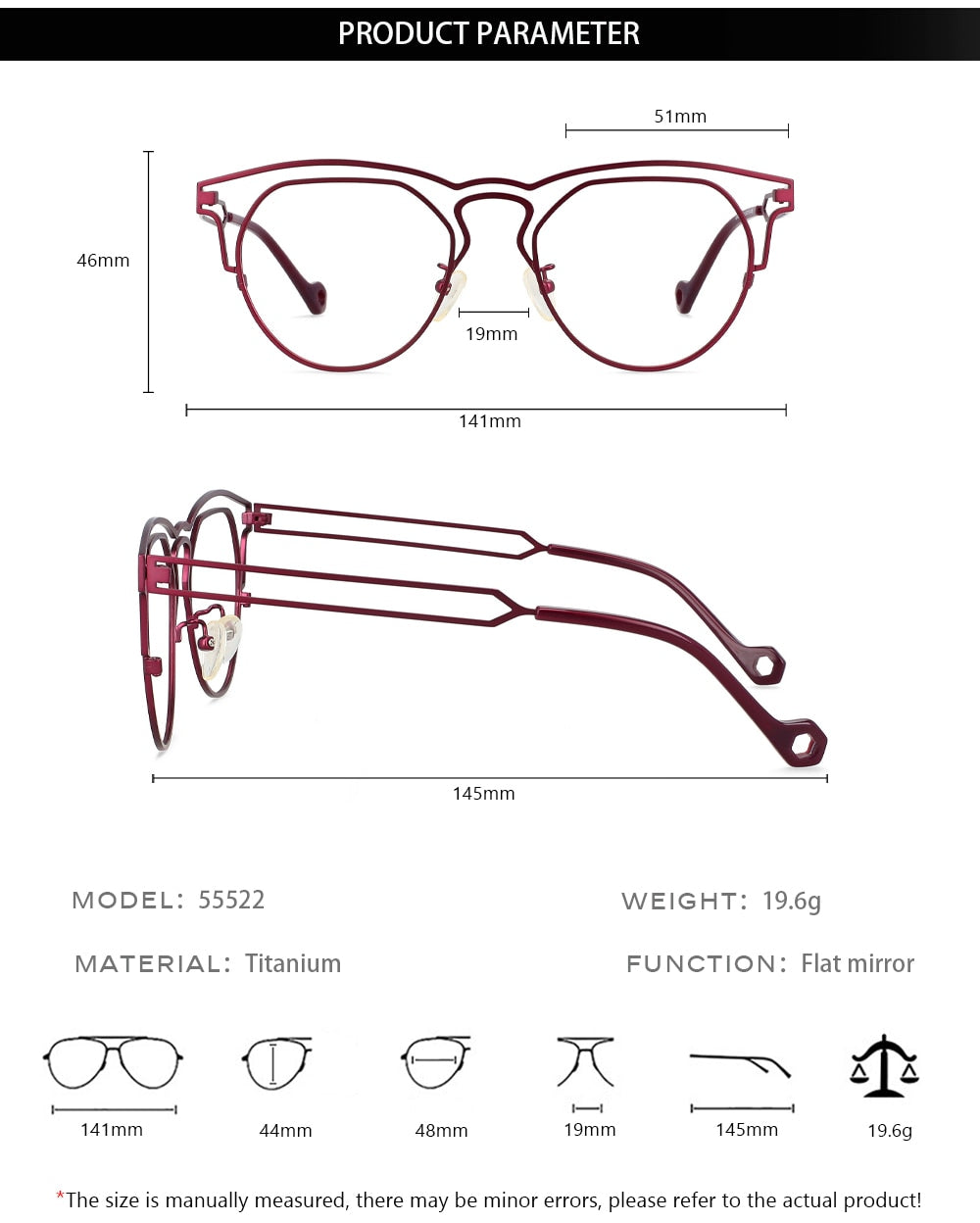 CCspace Unisex Full Rim Round Double Bridge Titanium Eyeglasses 55522 Full Rim CCspace