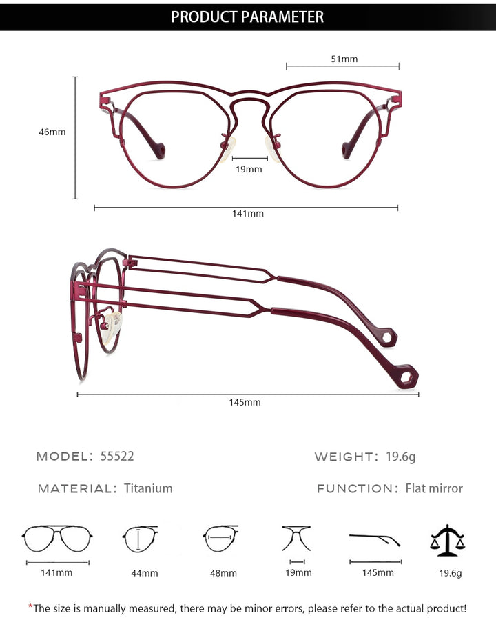 CCspace Unisex Full Rim Round Double Bridge Titanium Eyeglasses 55522 Full Rim CCspace