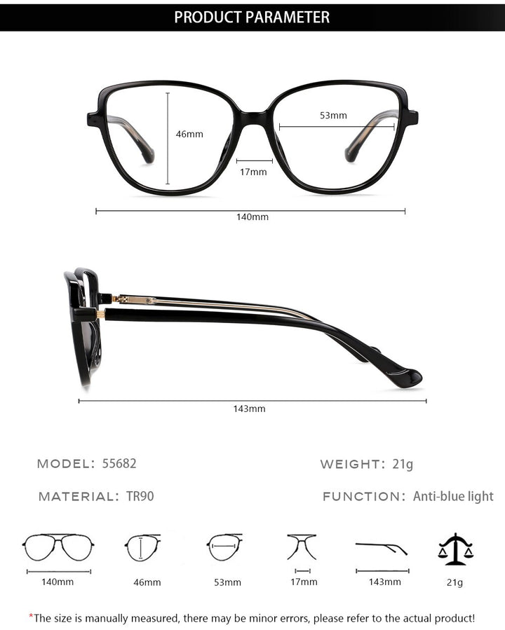 CCspace Unisex Full Rim Square Cat Eye Tr 90 Titanium Eyeglasses 55682 Full Rim CCspace