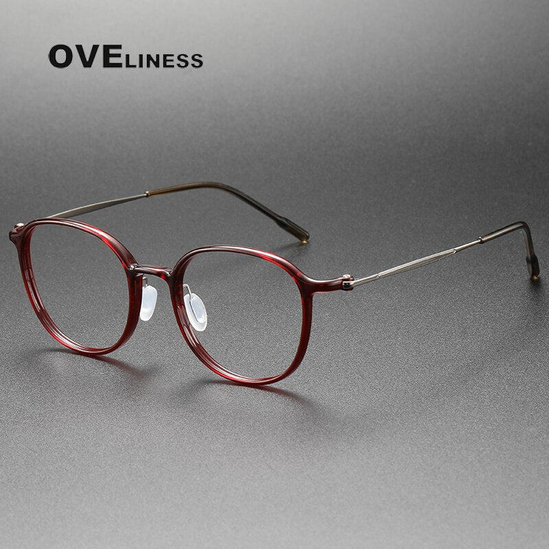 Oveliness Unisex Full Rim Round Square Acetate Titanium Eyeglasses 8633 Full Rim Oveliness red