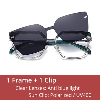 Ralferty Women's Full Rim Square Cat Eye Alloy Acetate Eyeglasses With Clip On Polarized Sunglasses With Clip Ons Ralferty C653 Clear Green China As picture