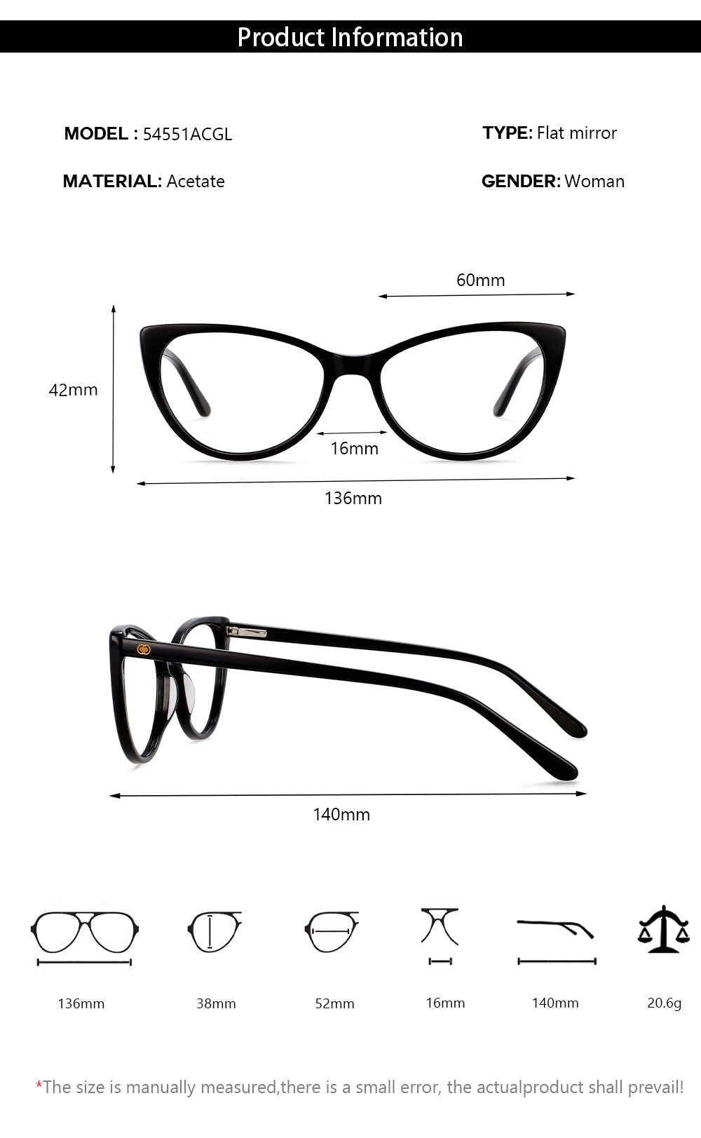 CCspace Women's Full Rim Cat Eye Acetate Frame Eyeglasses 54551 Full Rim CCspace