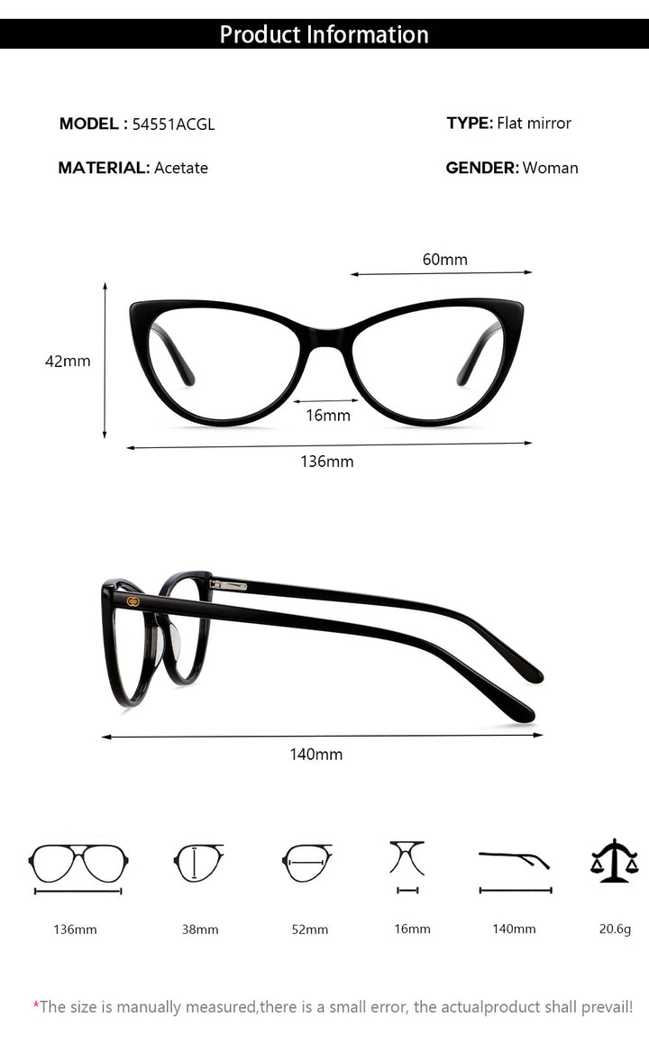 CCspace Women's Full Rim Cat Eye Acetate Frame Eyeglasses 54551 Full Rim CCspace