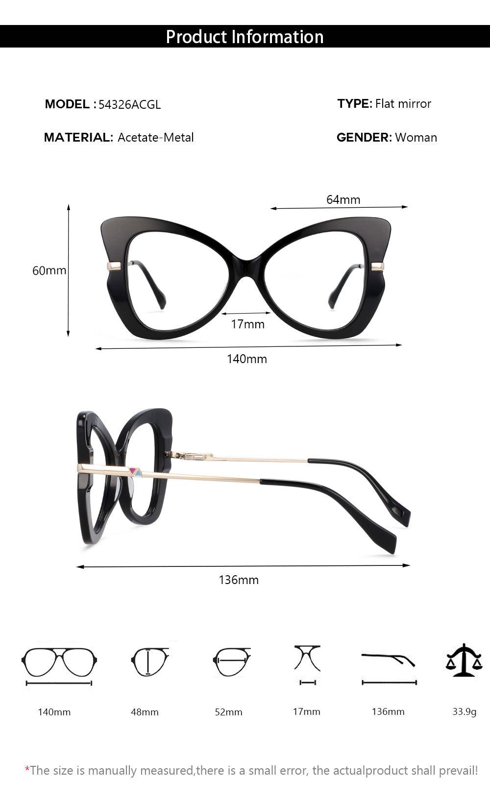CCspace Women's Full Rim Oversized Acetate Alloy Butterfly Frame Eyeglasses 54326 Full Rim CCspace