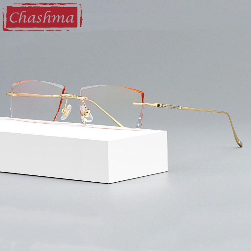 Chashma Ottica Men's Rimless Square Titanium Eyeglasses Tinted Lenses 9083 Rimless Chashma Ottica Gold with Brown