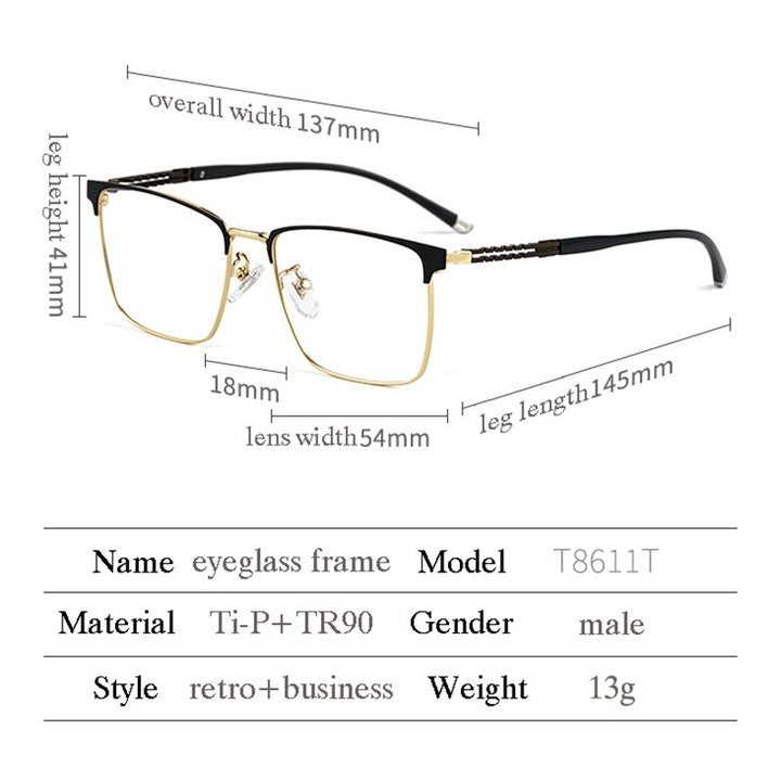 Hotochki Men's Full Rim Square Tr 90 Titanium Frame Eyeglasses T8611t Full Rim Hotochki