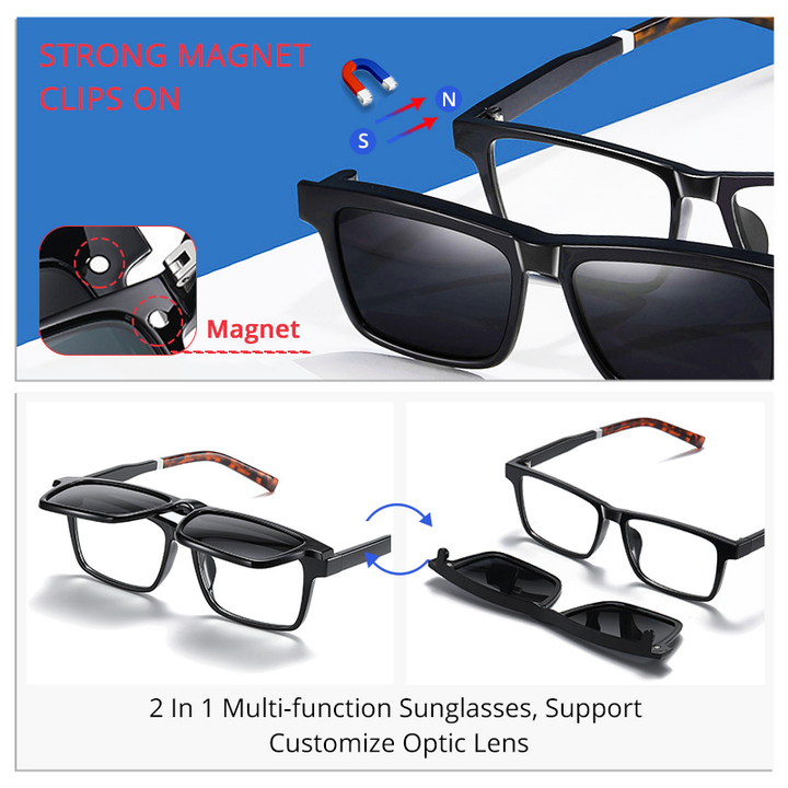 Ralferty Men's Full Rim Rectangle Tr 90 Acetate Eyeglasses With Clip On Polarized Sunglasses D7703 With Clip Ons Ralferty