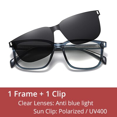 Ralferty Men's Full Rim Square Tr 90 Acetate Eyeglasses With Clip On Polarized Sunglasses D7201 With Clip Ons Ralferty C643 Blue China As picture