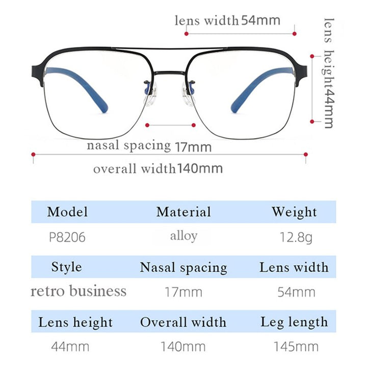 Hotochki Men's Semi Rim Square Double Bridge Titanium Eyeglasses Semi Rim Hotochki