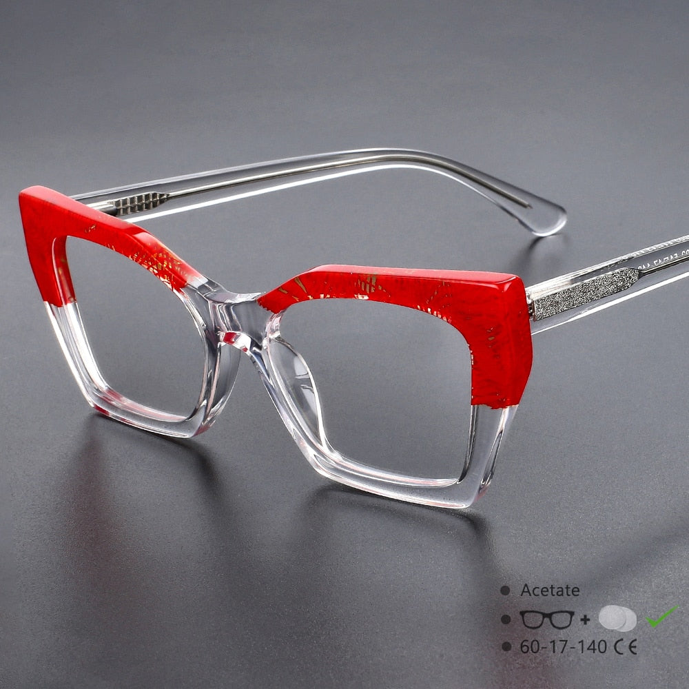 CCspace Unisex Full Rim Big Square Cat Eye Acetate Eyeglasses 55366 Full Rim CCspace RedClear China
