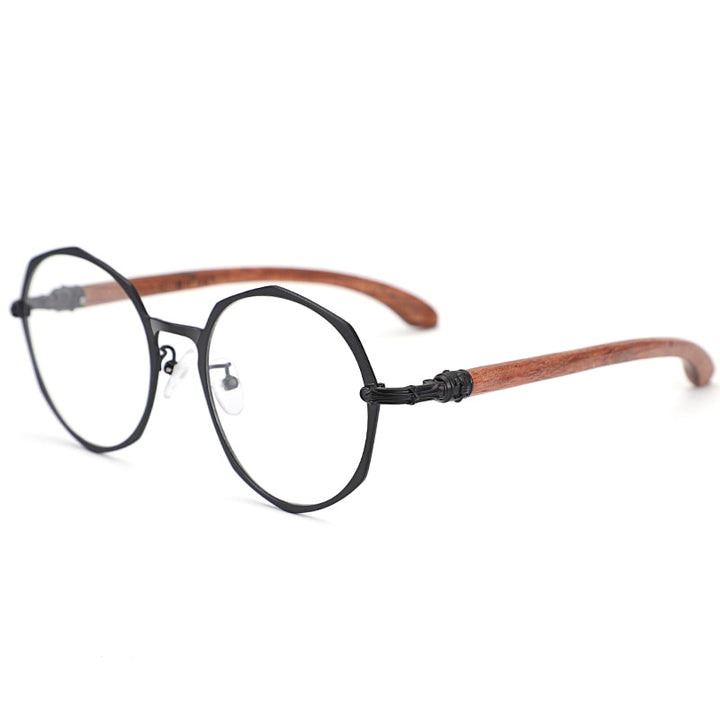 Hdcrafter Unisex Full Rim Polygon Titanium Frame Wood Temple Eyeglasses Full Rim Hdcrafter Eyeglasses Black