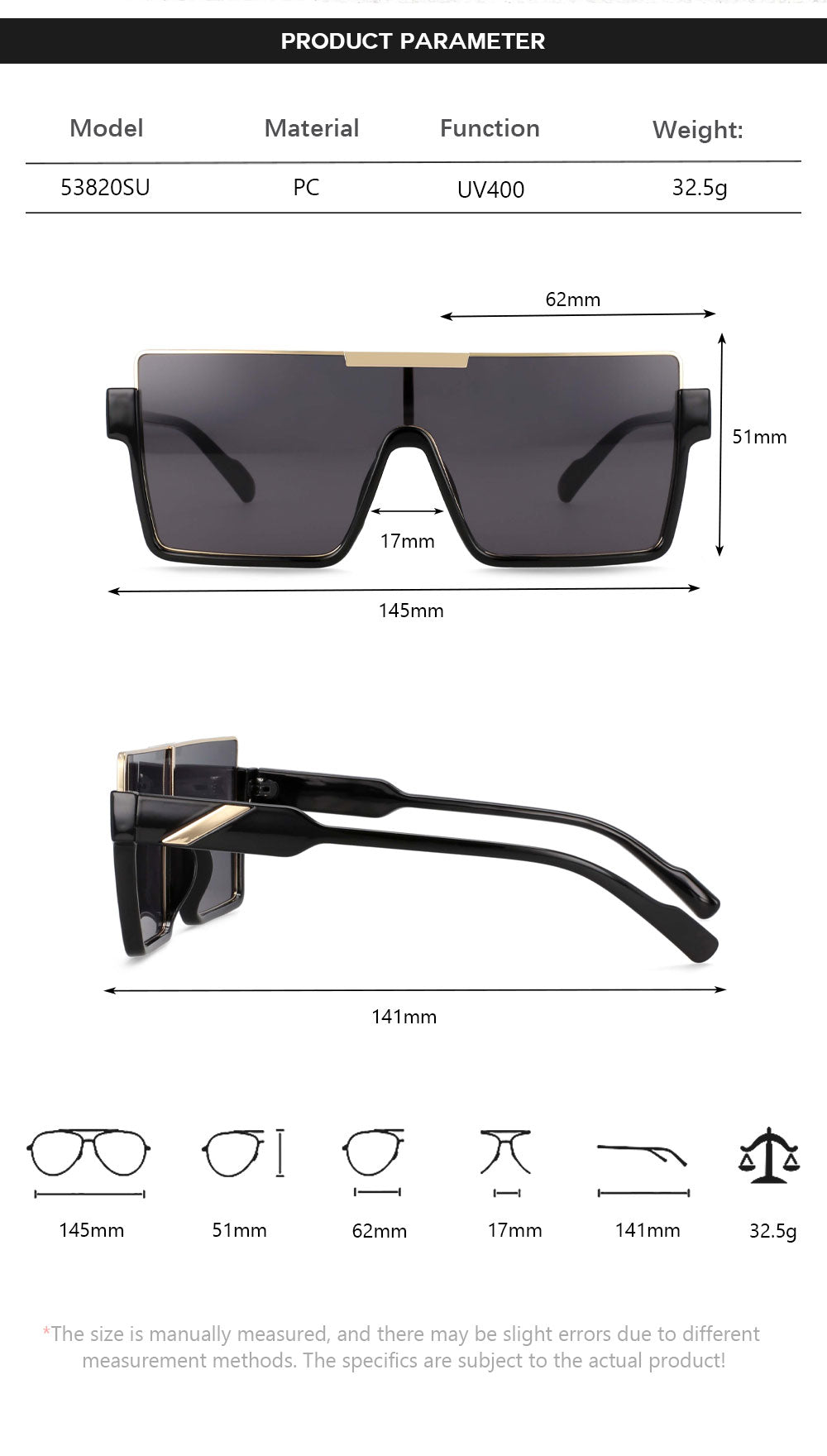 CCSpace Unisex Oversized Square One Lens Goggle Resin Frame Sunglasses 53820 Sunglasses CCspace Sunglasses   