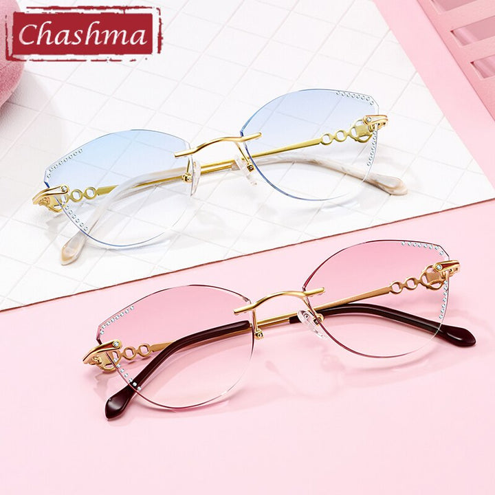 Chashma Women's Rimless Cat Eye Titanium Frame Diamond Cut Eyeglasses 9110 Rimless Chashma