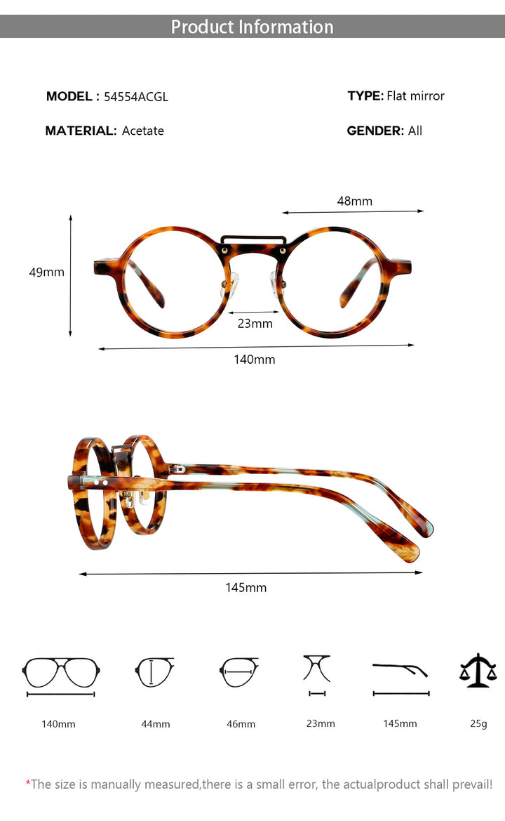 CCspace Unisex Full Rim Round Acetate Alloy Double Bridge Eyeglasses 54554 Full Rim CCspace