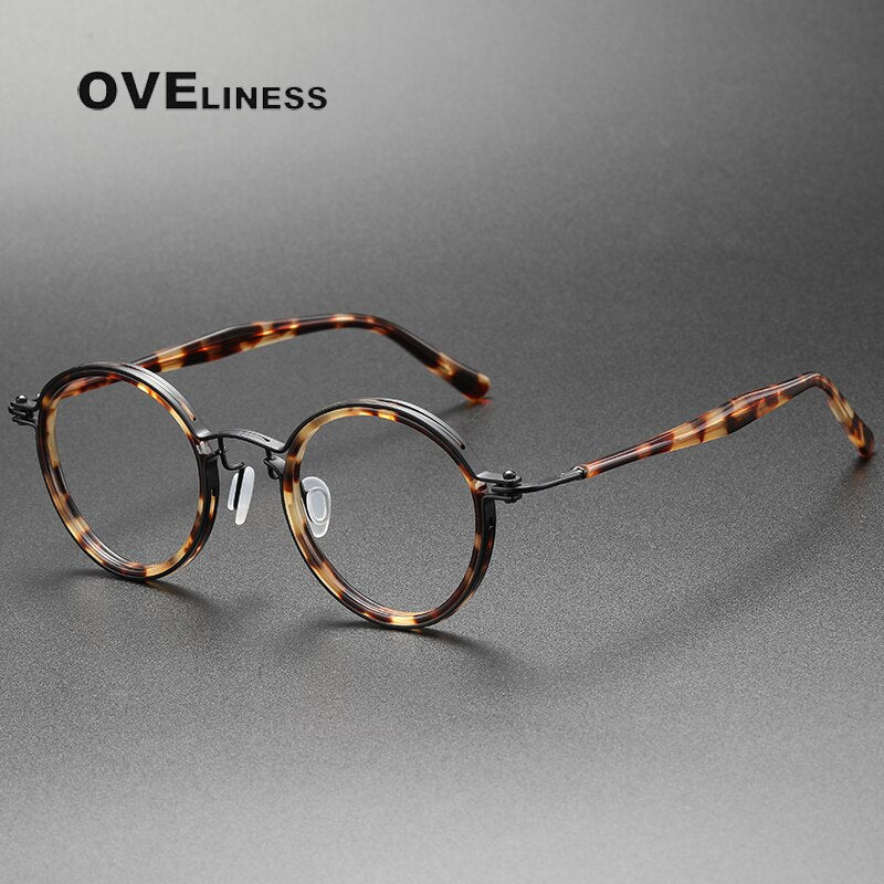 Oveliness Unisex Full Rim Round Acetate Titanium Eyeglasses 5862 Full Rim Oveliness light tortoise black