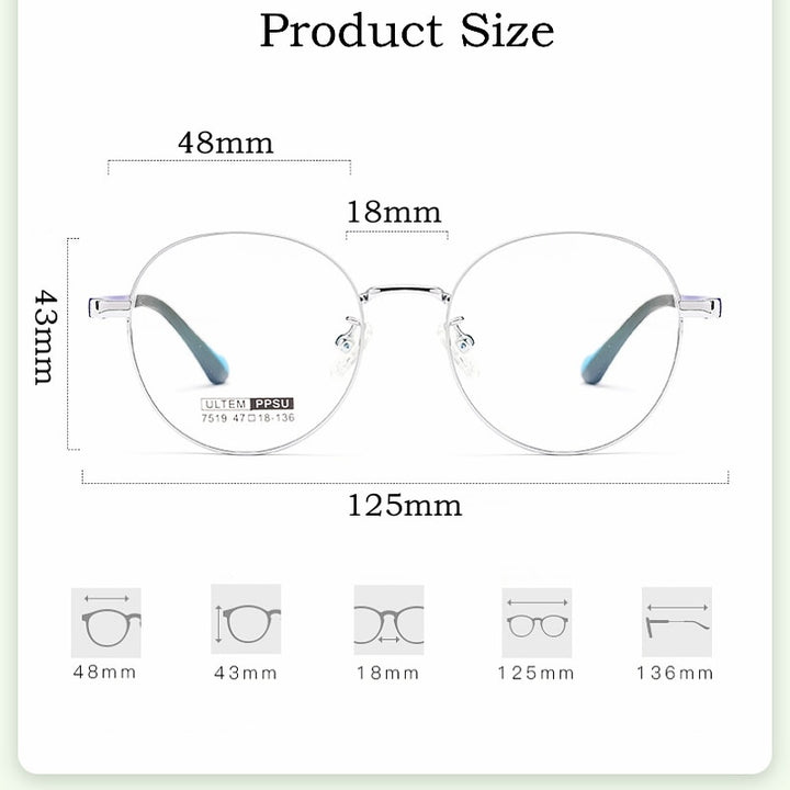Yimaruili Children's Unisex Full Rim Round Ultem Titanium Alloy Eyeglasses 7519S Full Rim Yimaruili Eyeglasses