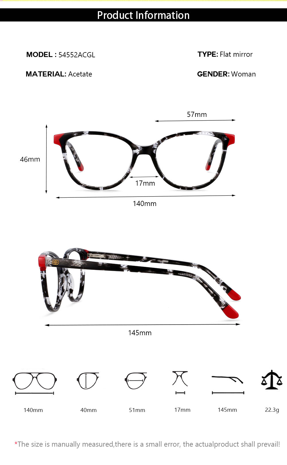 CCspace Women's Full Rim Round Acetate Frame Eyeglasses 54552 Full Rim CCspace