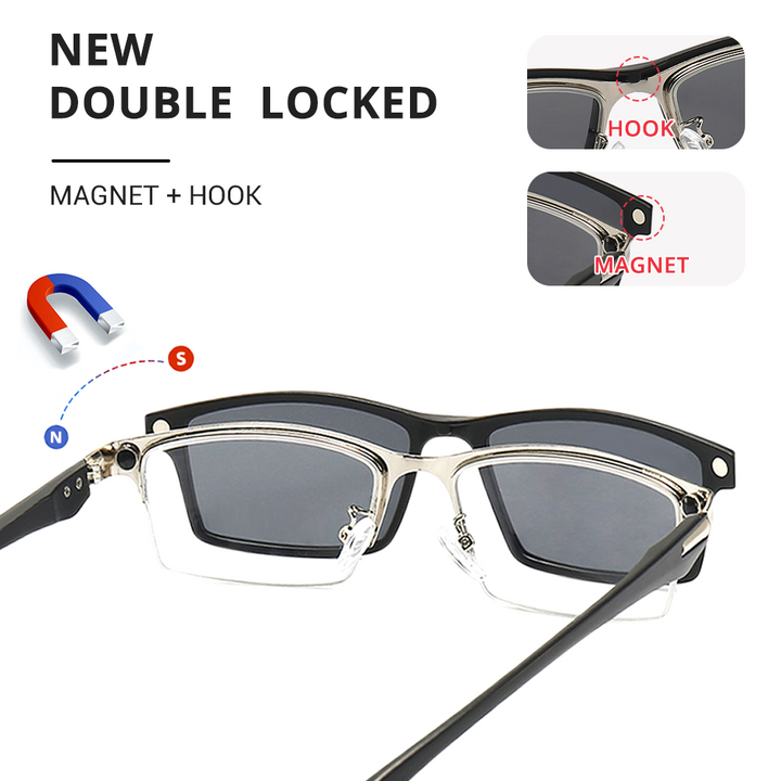 Ralftery Men's Semi Rim Rectangle Alloy Eyeglasses With Clip On Sunglasses Tr2347 With Clip Ons Ralferty