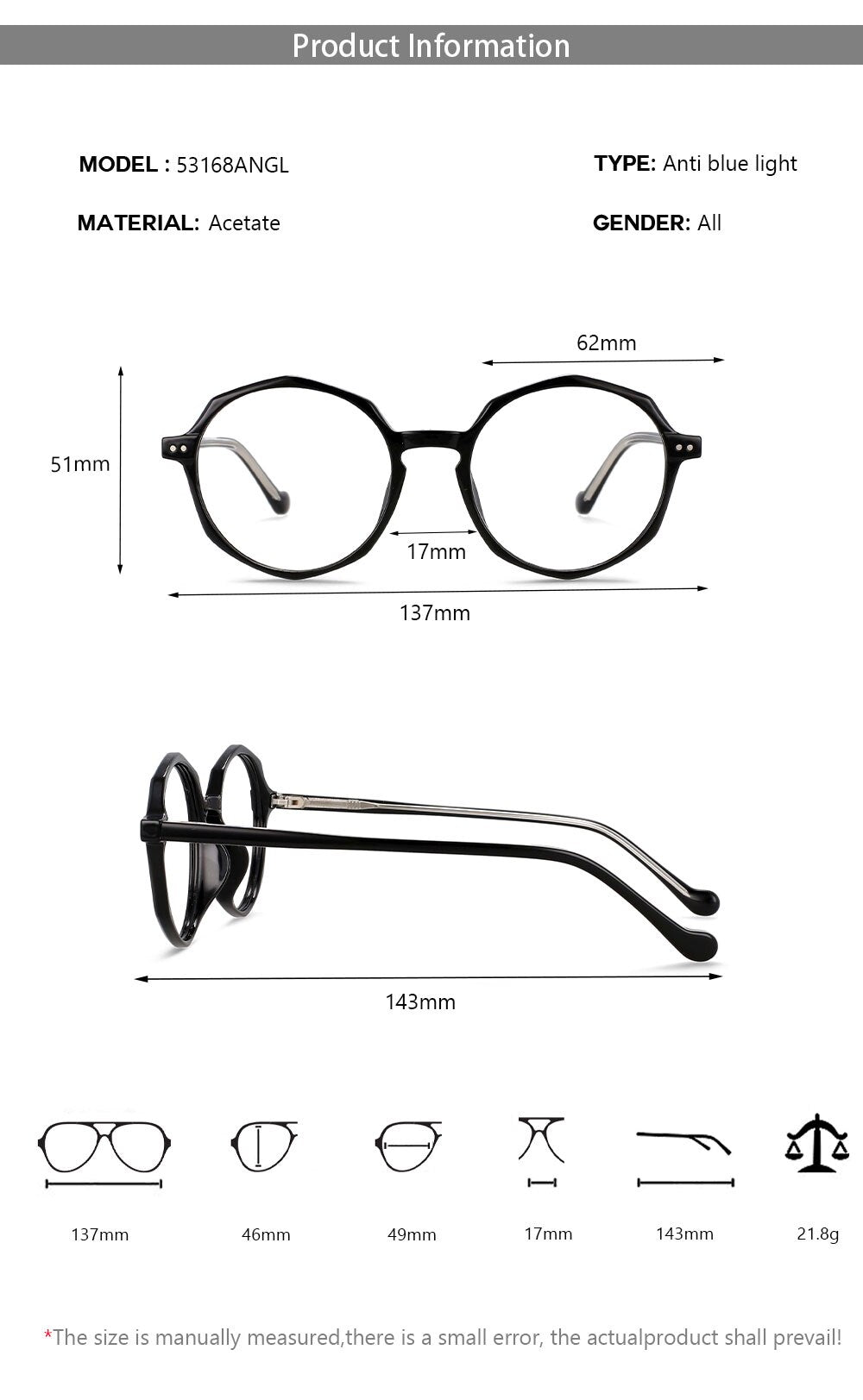 CCspace Unisex Full Rim Polygon Round Acetate Tr 90 Eyeglasses 53168 Full Rim CCspace