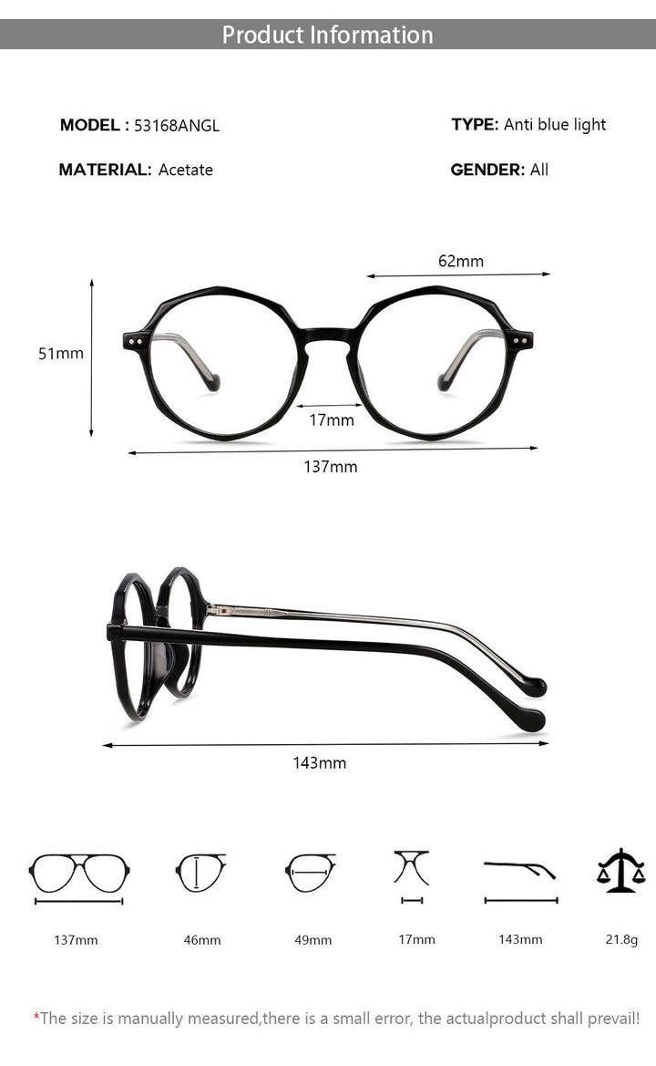 CCspace Unisex Full Rim Polygon Round Acetate Tr 90 Eyeglasses 53168 Full Rim CCspace