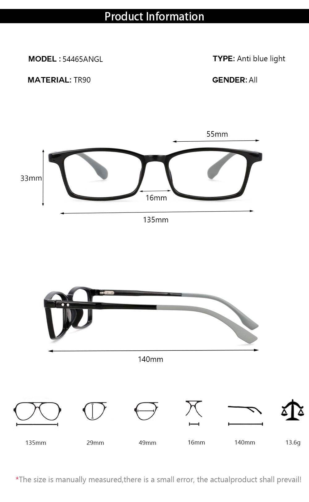 CCspace Unisex Youth Size Full Rim Rectangle Tr 90 Titanium Frame Eyeglasses 54465 Full Rim CCspace