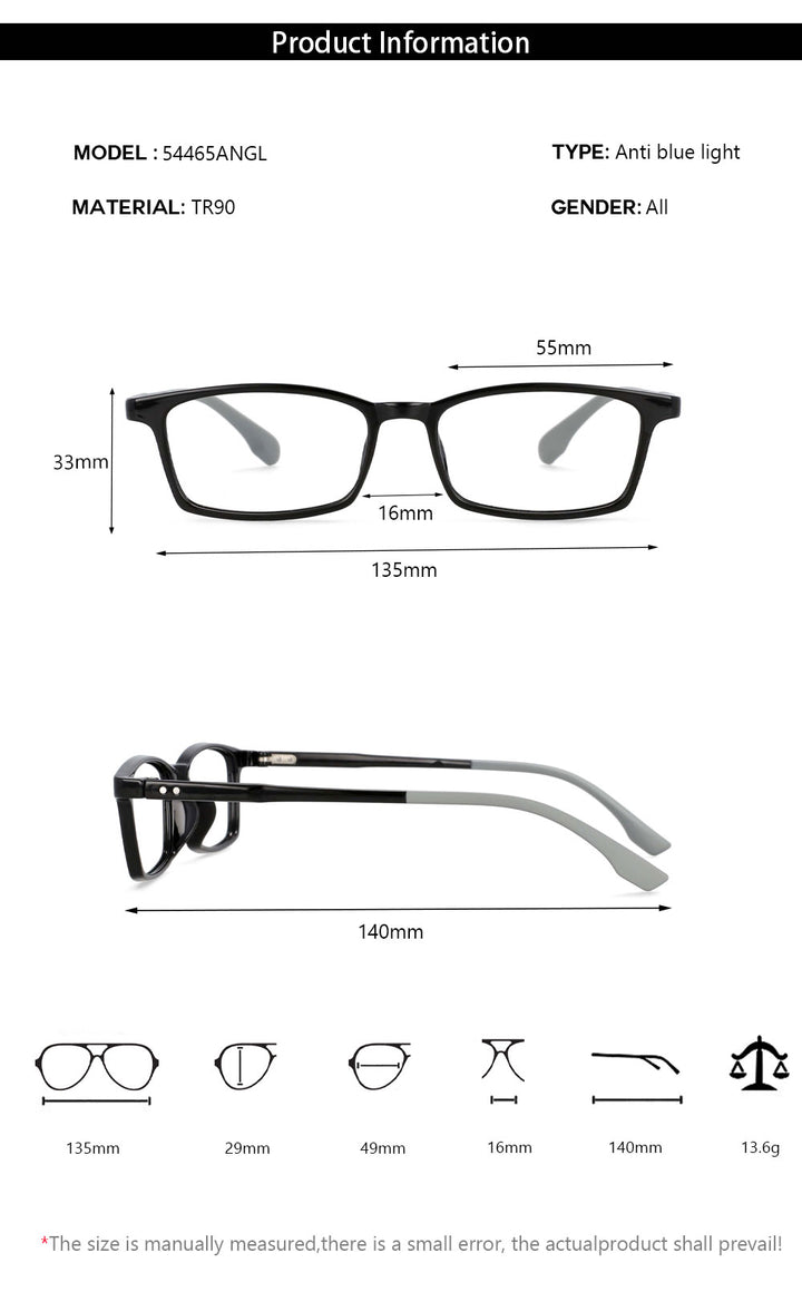 CCspace Unisex Youth Size Full Rim Rectangle Tr 90 Titanium Frame Eyeglasses 54465 Full Rim CCspace
