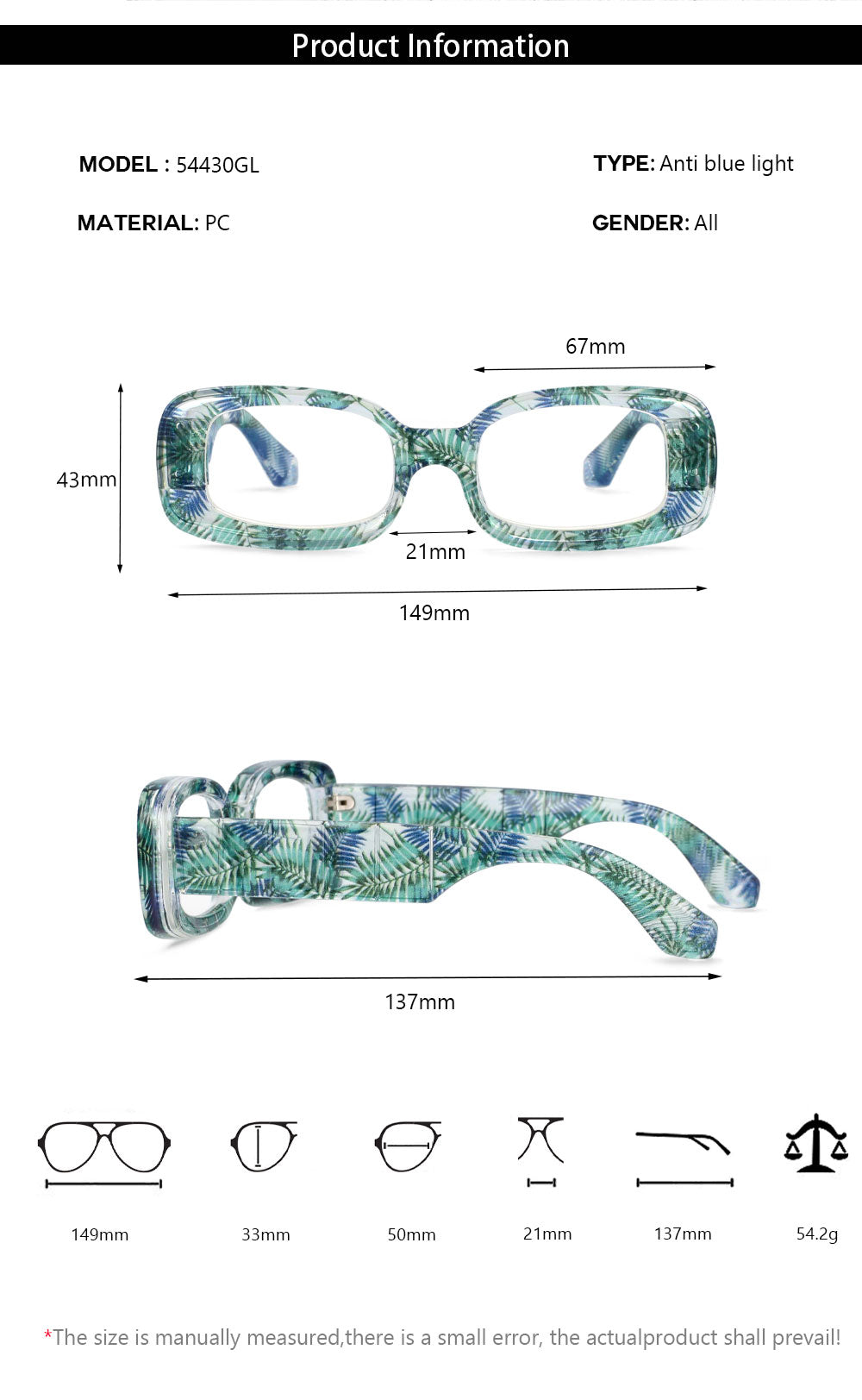 CCspace Unisex Full Rim Rectangle Resin Frame Punk Eyeglasses 54430 Full Rim CCspace