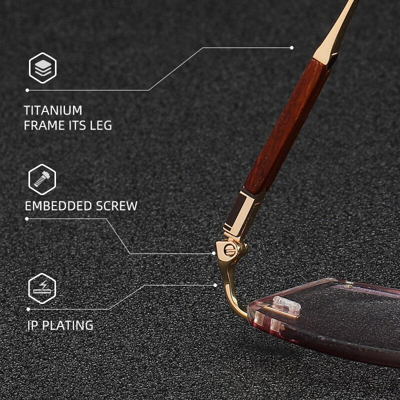 Zirosat Men's Rimless Rectangle Titanium Diamond Cut Wood Temple Eyeglasses  3016 Rimless Zirosat