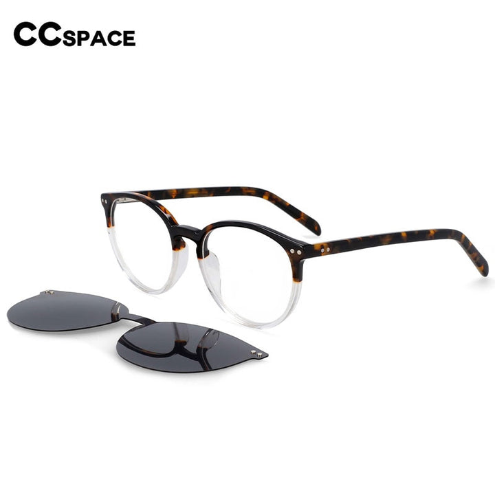 CCspace Unisex Full Rim Round Cat Eye Acetate Frame Eyeglasses Clip On Sunglasses 54331 With Clip Ons CCspace