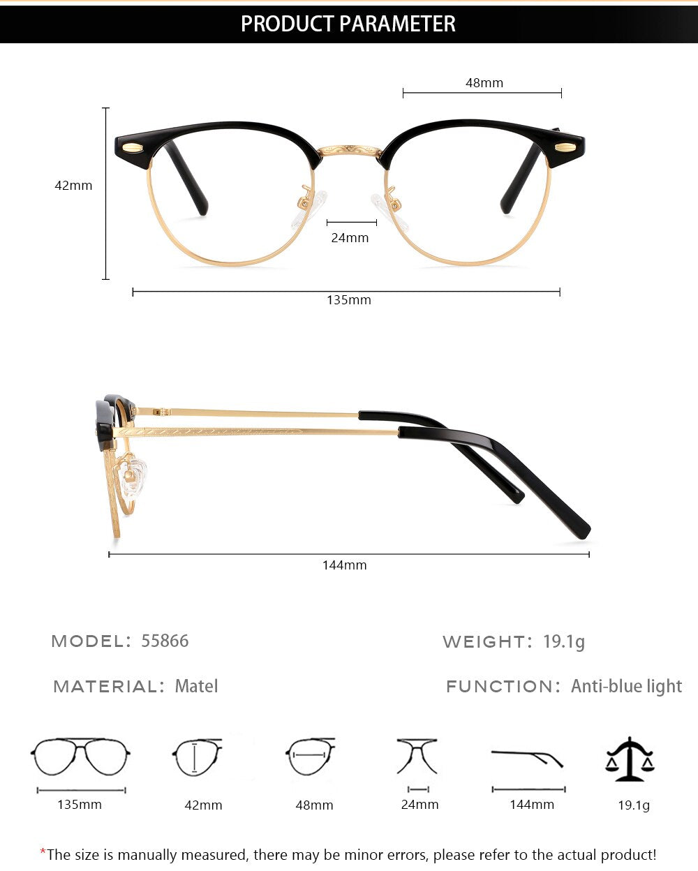 CCspace Unisex Full Rim Round Square Alloy Eyeglasses 55866 Full Rim CCspace
