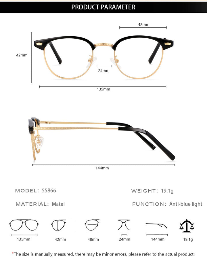 CCspace Unisex Full Rim Round Square Alloy Eyeglasses 55866 Full Rim CCspace