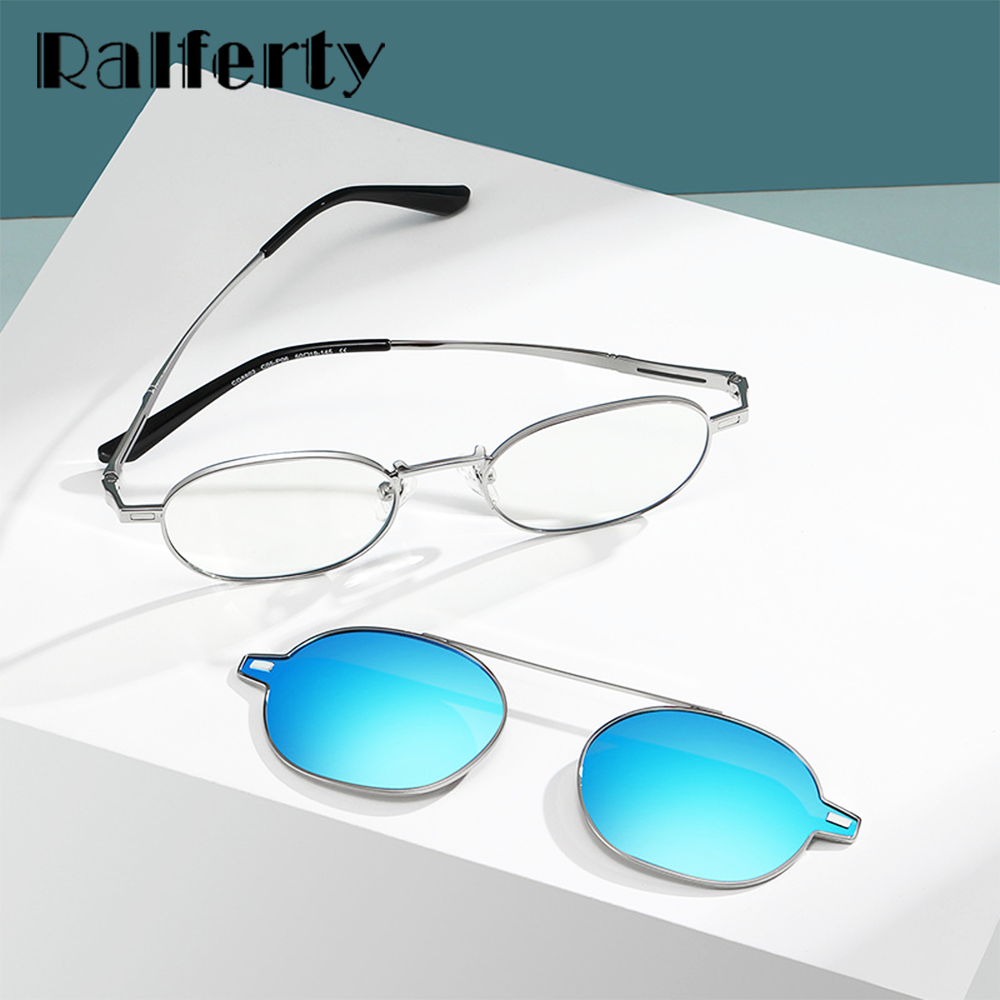 Ralferty Unisex Full Rim Oval Alloy Eyeglasses With Clip On Polarized Sunglasses D8802 With Clip Ons Ralferty