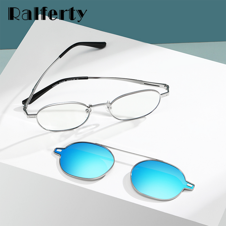 Ralferty Unisex Full Rim Oval Alloy Eyeglasses With Clip On Polarized Sunglasses D8802 With Clip Ons Ralferty