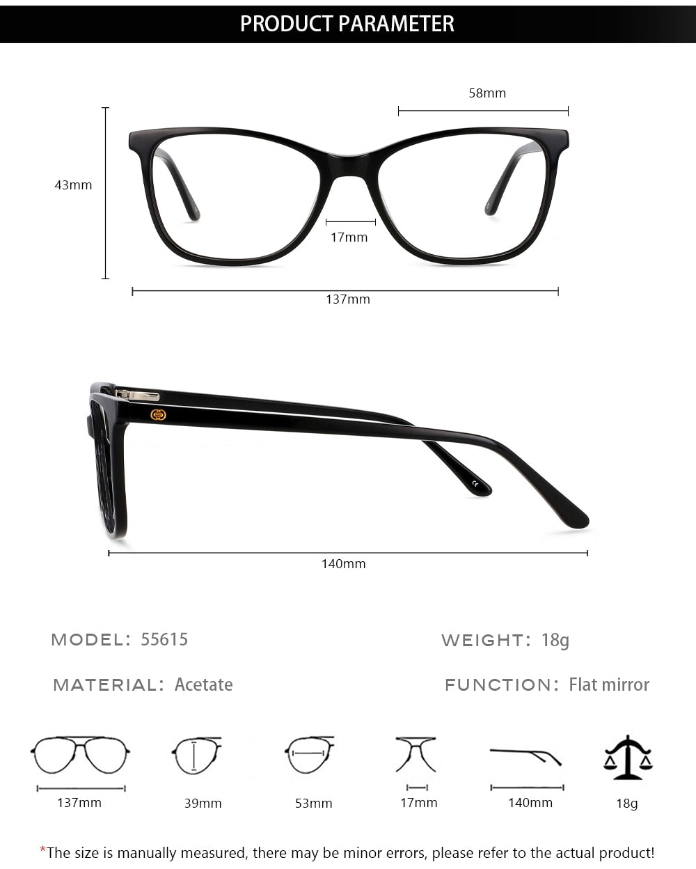 CCspace Unisex Full Rim Square Acetate Eyeglasses 55615 Full Rim CCspace