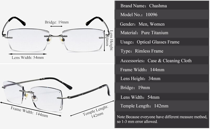 Chashma Ottica Men's Rimless Square Titanium Eyeglasses Tinted Lenses 10096 Rimless Chashma Ottica