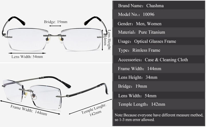 Chashma Ottica Men's Rimless Square Titanium Eyeglasses Tinted Lenses 10096 Rimless Chashma Ottica